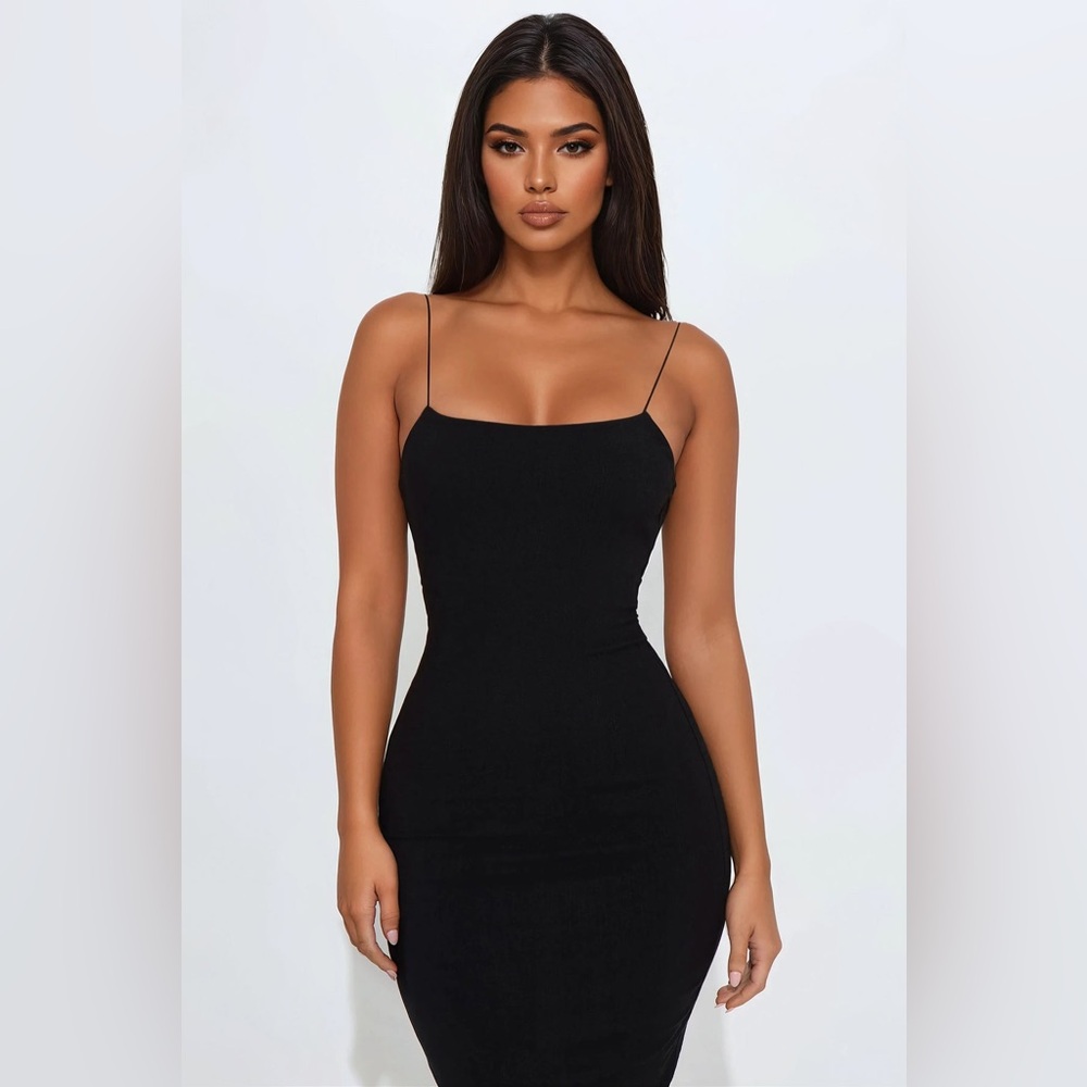 NWT Fashion Nova Dress M Lana Backless Stretch Linen Maxi Dress Elegant Black - Picture 2 of 3